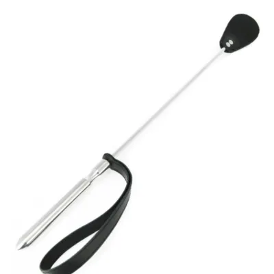 Riding crop with black handle and wrist strap, silver shaft, black end.