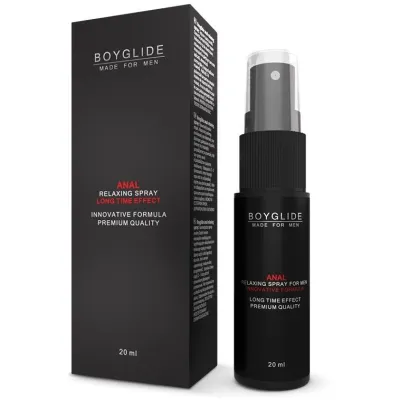 Schwarze Verpackung und Flasche von Boyglide Anal Relaxing Spray, 20 ml, für Männer.