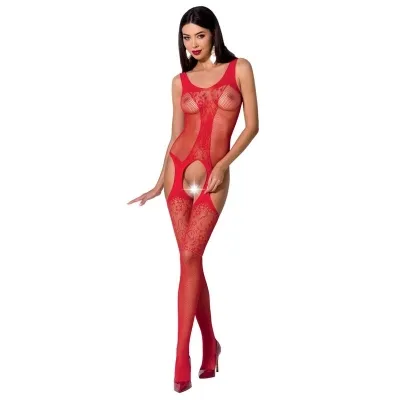 Frau in rotem, durchsichtigem Bodystocking mit Spitzenmuster und High Heels.