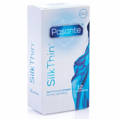 Verpackung von Pasante Silk Thin Kondomen, 12 Stück, mit blauem Design und Text "our thinnest condom for that real feeling".