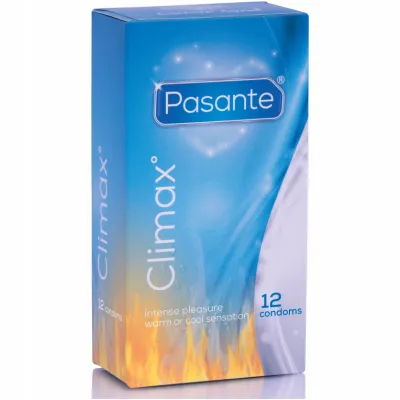 Blaue Verpackung von Pasante Climax Kondomen, 12 Stück, mit Flammenmotiv und Text "intense pleasure, warm or cool sensation".