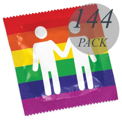 Condom packaging with rainbow colors and two figures, inscription "144 Pack".
