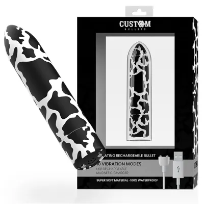 Schwarz-weißer Vibrator mit Kuhmuster, verpackt in einer Box mit USB-Ladekabel, 10 Vibrationsmodi, wasserdicht.