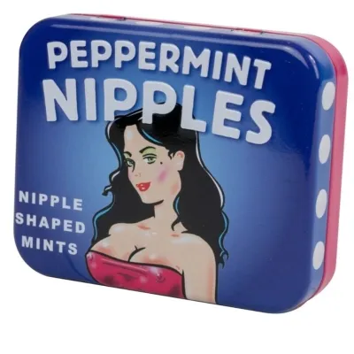 Blue metal tin with the inscription "Peppermint Nipples" and a drawing of a woman in a red dress.