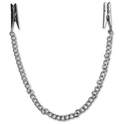 Silver chain with two clips at the ends, on a white background.