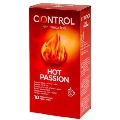 Red packaging of Control Hot Passion condoms with a flame motif and text in several languages.