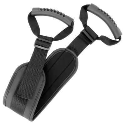 Black carrying handle with padded loops and adjustable straps, suitable for transporting heavy items.