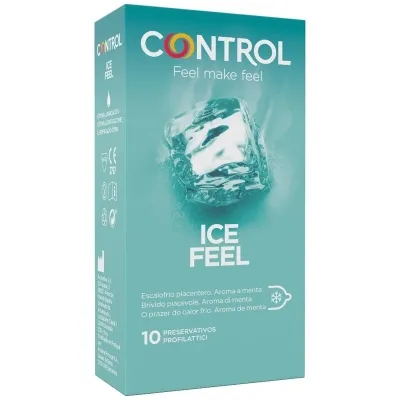 Verpackung von Control Ice Feel Kondomen mit Eiswürfelbild und Minzaroma, 10 Stück.