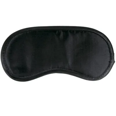 Black fabric sleep mask, lightly padded, against a white background.