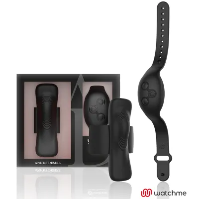 Schwarzes Armband und Zubehör in Verpackung mit der Aufschrift "Anne's Desire" und "watchme"-Logo.