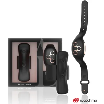Schwarzes Armband und Zubehör in Verpackung, mit markantem Design und Logo von "watchme".