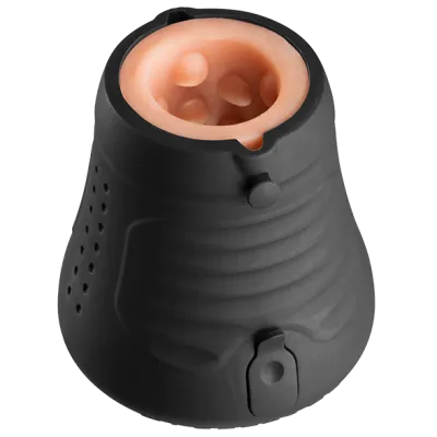 Black, cone-shaped device with a beige, textured inner surface and buttons on the outside.