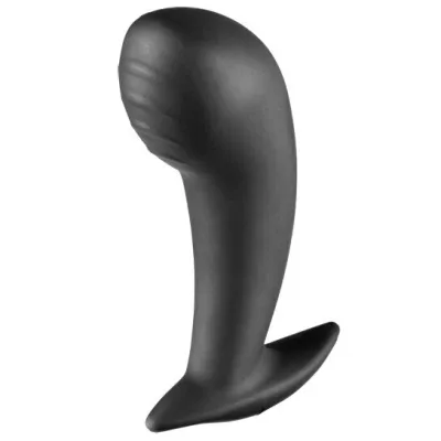 Black, ergonomically shaped silicone sex toy with a curved tip and wide base for a secure grip.