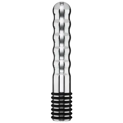 Silver, ribbed metal object with a black, ribbed handle.