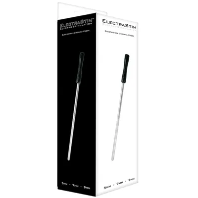 Packaging of an electrostimulation probe with a black and white design shows a long, slim metal device.