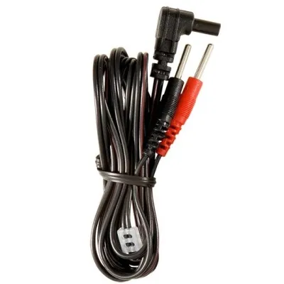 Black cable with two plugs, one red and one black, and an angled plug at the other end.