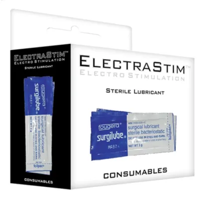 Verpackung von ElectraStim sterilem Gleitmittel mit mehreren blauen Surgilube-Päckchen.