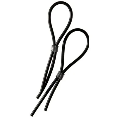 Zwei schwarze, flexible Schlaufen mit silbernen Clips, auf weißem Hintergrund.