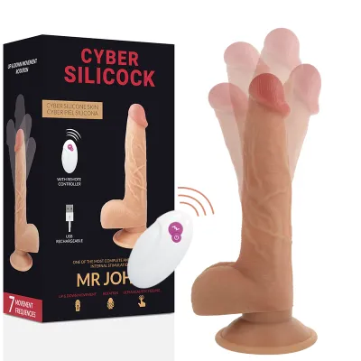Verpackung und Produkt eines Cyber-Silikon-Dildos mit Fernbedienung und Bewegungsfunktionen.