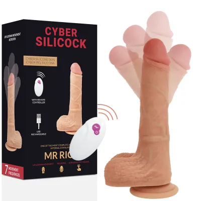 Sex toy with remote control and packaging, showing movement functions and USB charging option.