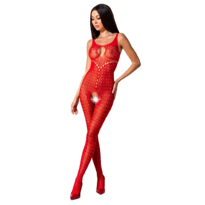 Woman in a red, openwork catsuit with cut-outs, posing in front of a white background.