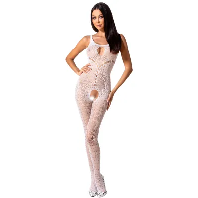 Woman in a white, patterned catsuit with cut-outs, posing in front of a white background.