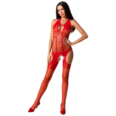 Woman in red mesh bodysuit with cut-outs and red high heels against a white background.
