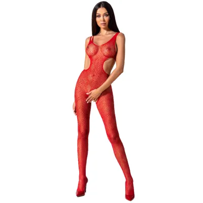 Woman in a red patterned catsuit with cut-outs and red high heels against a white background.