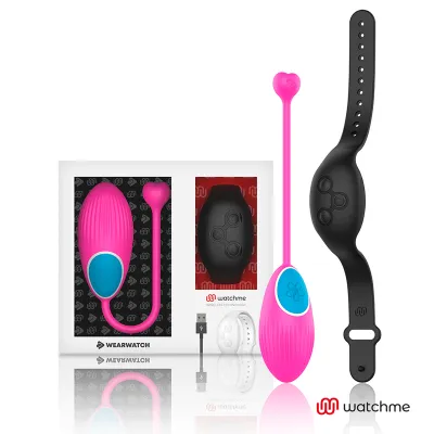 Pinkes und schwarzes Wearable-Gerät mit Verpackung und USB-Kabel, Marke "watchme".