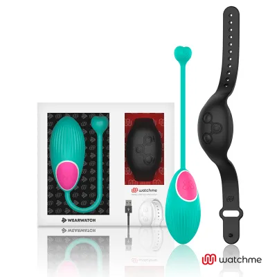 Packaging includes wearable vibrator, remote control, USB cable and wristband in turquoise and black.