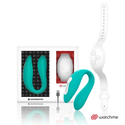 Turquoise wearable device with packaging, USB cable and white wristband from Watchme.
