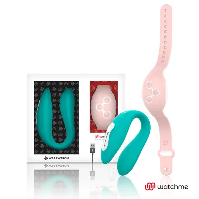 Wearable Vibrator und Armband in Türkis und Rosa mit Verpackung und USB-Kabel.