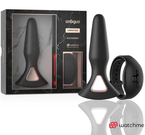 Schwarzes Vibrationsspielzeug mit Fernbedienung und Verpackung, Marke "watchme".
