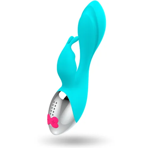 Blauer Vibrator mit silbernem Griff und pinkem Knopf in Form einer Schleife, freigestellt auf weißem Hintergrund.