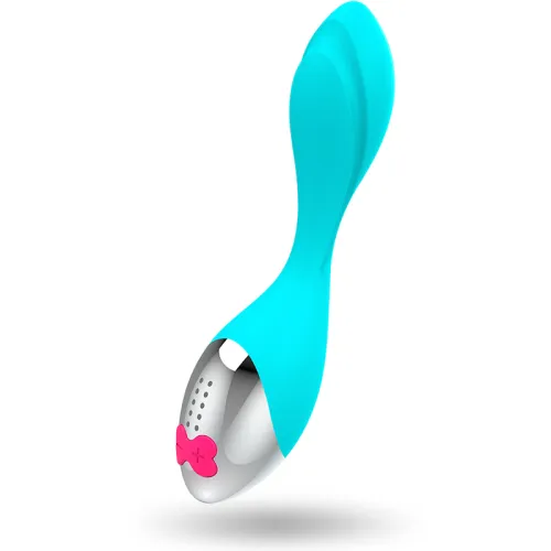 Blauer Vibrator mit metallischem Ende und rosa Knopf in Form einer Schleife.