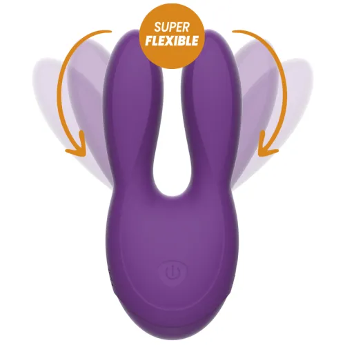 Purple, flexible vibrator with two arms and a power button, surrounded by arrows and "Super Flexible" text.