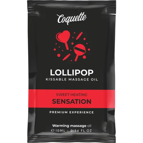 Schwarze Verpackung von Coquette Lollipop Massageöl, 10 ml, mit roten Lollipop-Grafiken und Text "Sweet Heating Sensation".