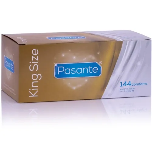 Goldene Verpackung von Pasante King Size Kondomen, 144 Stück, mit blauem Logo und weißem Text.