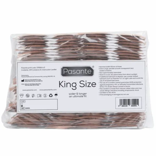 Packung Pasante King Size Kondome, 144 Stück, breiter und länger für optimale Passform.