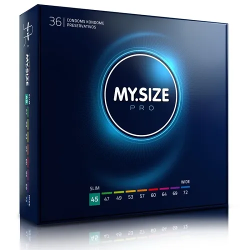 Dark packaging of MY.SIZE Pro condoms, sizes 45 to 72, 36 pieces.