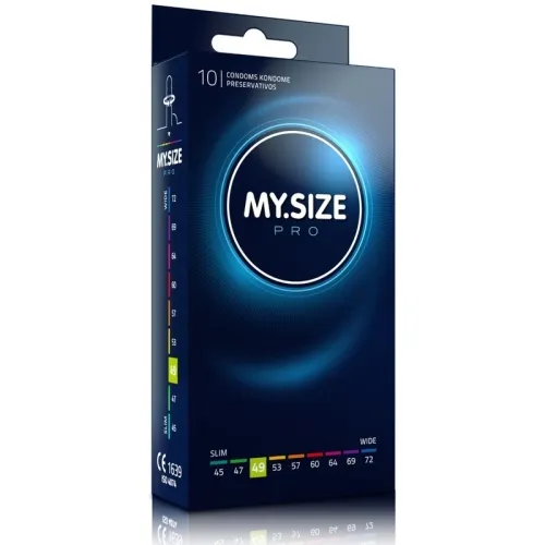 Packaging of MY.SIZE Pro condoms, size 49, with size guide from 45 to 72 mm.