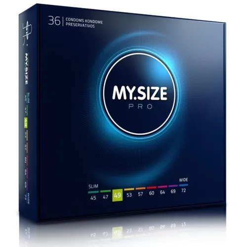 Dark blue packaging of MY.SIZE Pro condoms, 36 pieces, with size specifications from 45 to 72 mm.