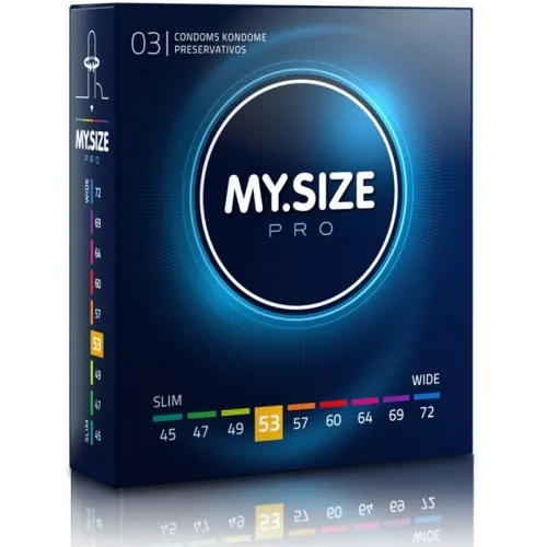 Packaging of My.Size Pro condoms, size 53, with a size guide from 45 to 72 mm on the side.