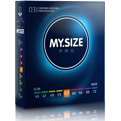 Packaging of My.Size Pro condoms, size 57, with size guide from 45 to 72 mm.