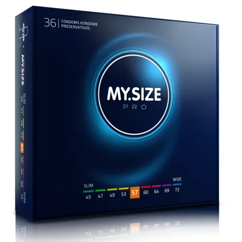 Packaging of MY.SIZE Pro condoms, size 57, with different size options on the side.