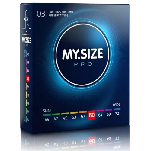 Packaging of My.Size Pro condoms, size 60, with a size guide from 45 to 72 mm on the side.