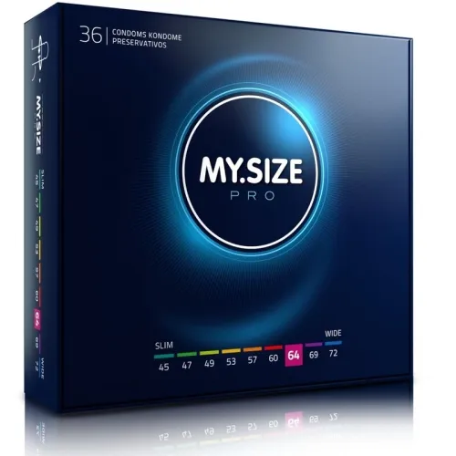 Packaging of MY.SIZE Pro condoms, size 64, with different size options on the side.