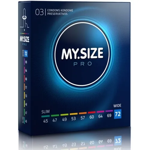 Verpackung von My.Size Pro Kondomen, Größe 72, mit verschiedenen Größenoptionen von 45 bis 72 auf der Seite.