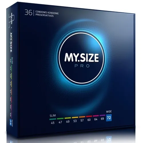 Packaging of MY.SIZE Pro condoms, 36 pieces, various sizes from 45 to 72 mm, dark blue design.