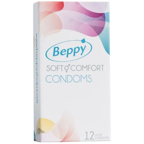 Packaging for Beppy Soft Comfort condoms, 12 pieces, with a colorful design.